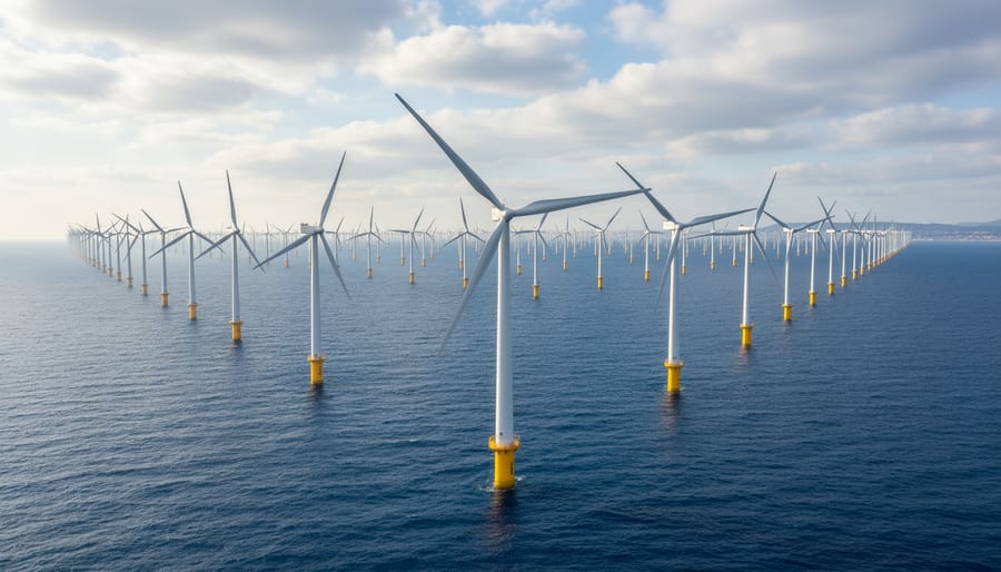Operational offshore wind turbines in the ocean under overcast daylight