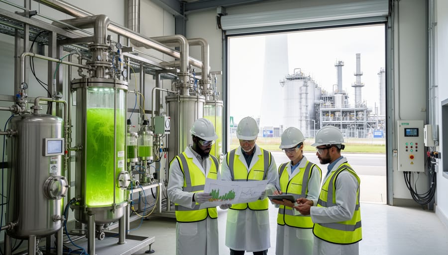 Pilot-scale bioenergy facility exterior with industrial equipment and biomass storage area