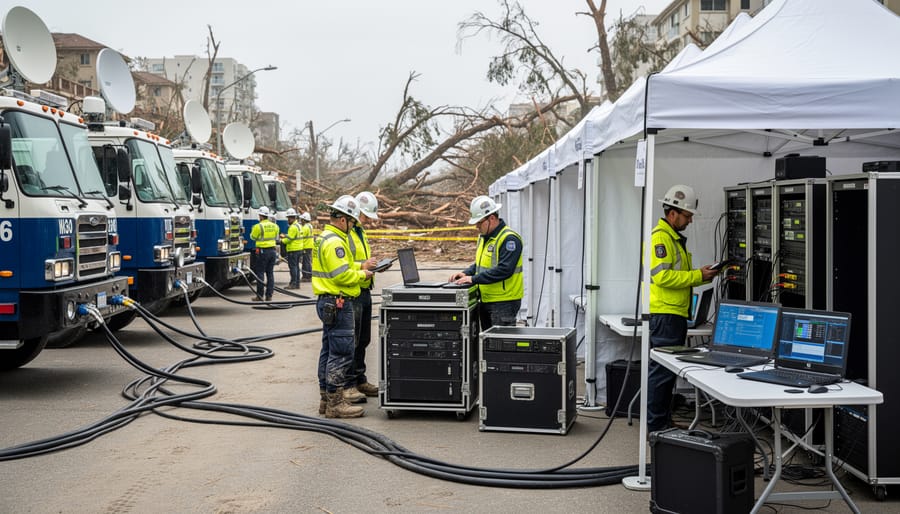 First responders and volunteers connecting portable backup power equipment at a disaster response site.