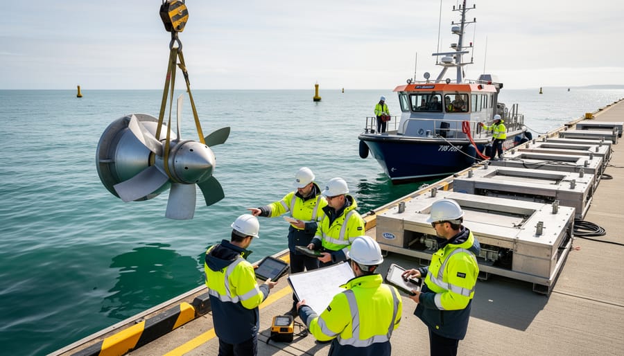 Crew on a research vessel deploying a marine renewable energy component with a crane near the ocean