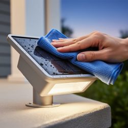 Close-up of a solar garden light with its solar panel being wiped clean using a damp cloth outdoors in daylight.