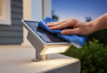 Close-up of a solar garden light with its solar panel being wiped clean using a damp cloth outdoors in daylight.