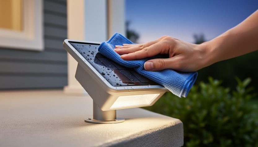Close-up of a solar garden light with its solar panel being wiped clean using a damp cloth outdoors in daylight.