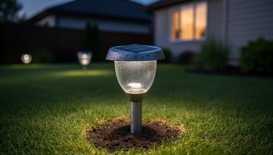A solar pathway light in a residential yard at dusk with the light turned off.