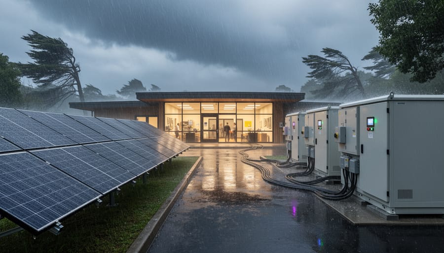 Solar panels and battery storage installed near a storm-hardened emergency shelter under an overcast sky.