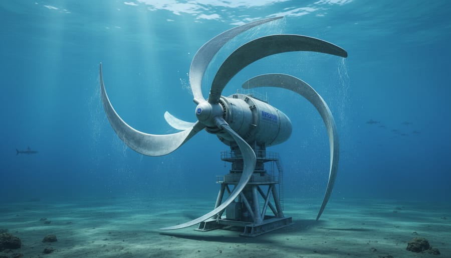 Underwater view of a tidal turbine rotor with visible blades and drifting particles near the seabed