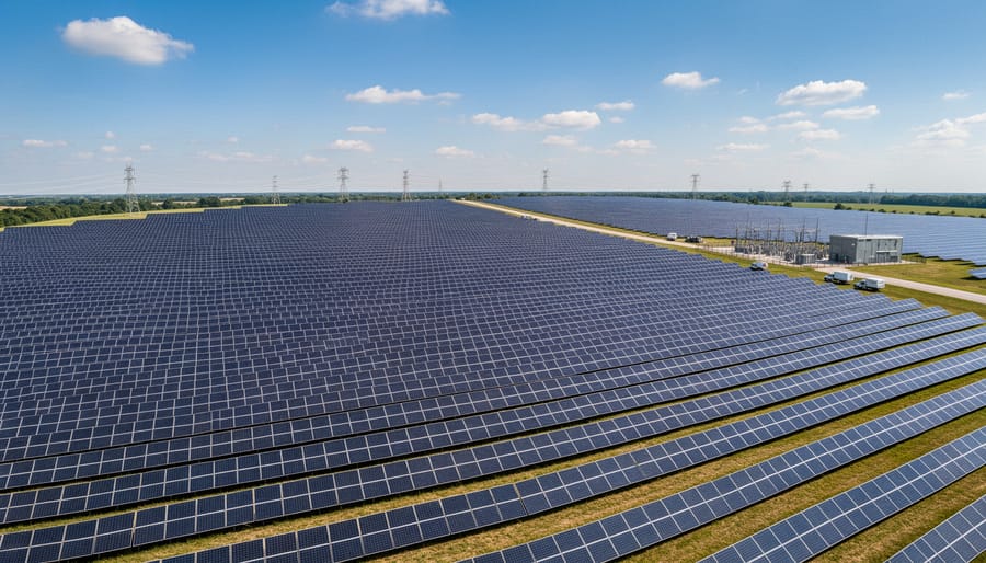 Wide view of a modern solar farm with rows of solar panels under an overcast sky