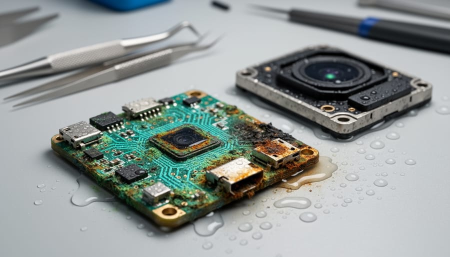 Close view of corroded connection points inside a solar light housing with signs of moisture exposure.